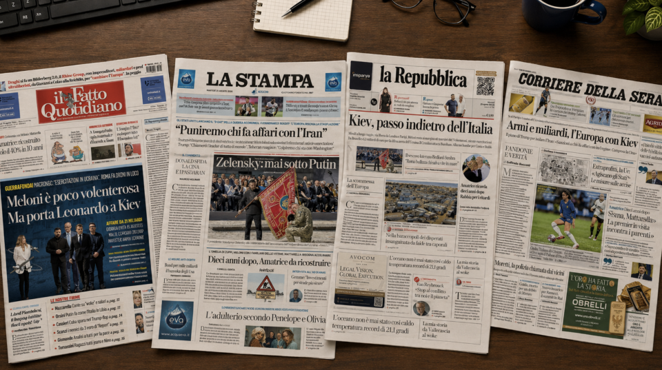 Prime pagine di Il Fatto Quotidiano, La Stampa, la Repubblica e Corriere della Sera del 25 agosto 2026