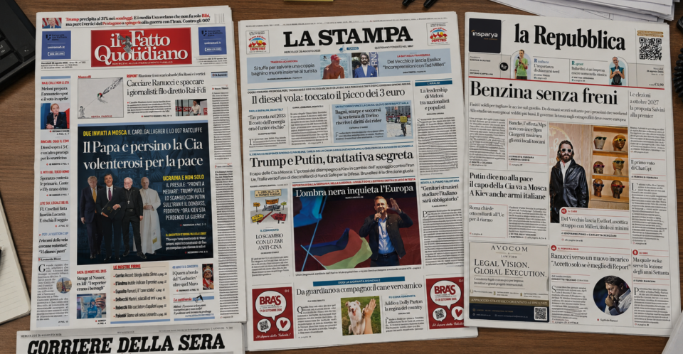Prime pagine di Il Fatto Quotidiano, La Stampa, la Repubblica e Corriere della Sera del 26 agosto 2026