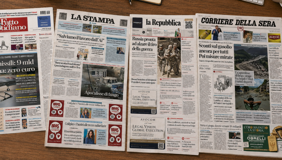 Prime pagine di Il Fatto Quotidiano, La Stampa, la Repubblica e Corriere della Sera del 27 agosto 2026